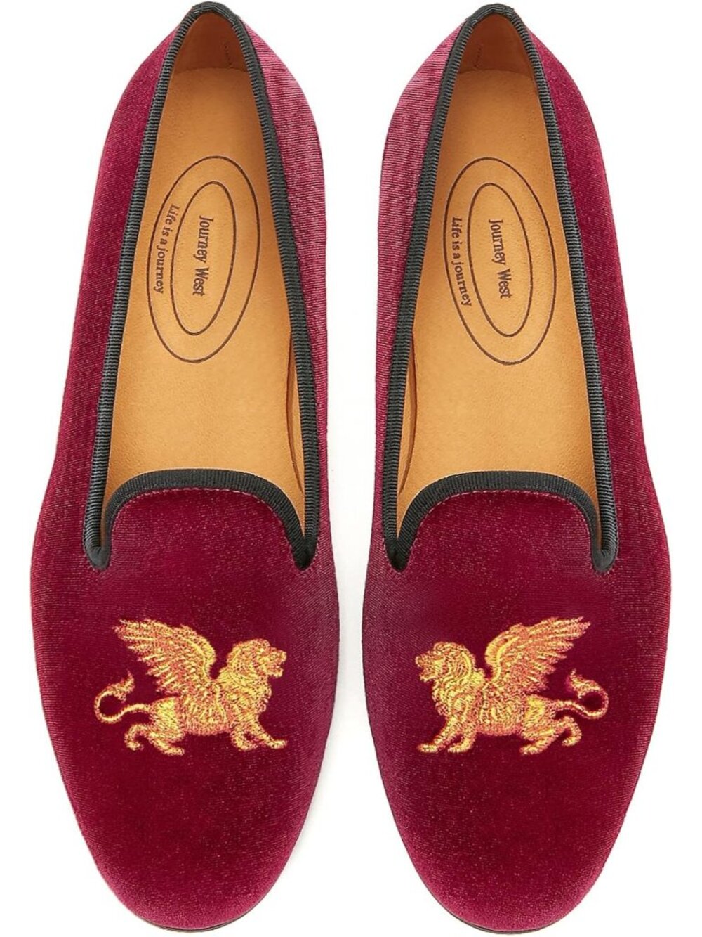 Journey West Men's Lion Burgundy Round Toe Tuxedo Embroidery Velvet Loafers